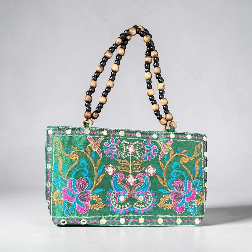 Embroidered Green Floral Handbag
